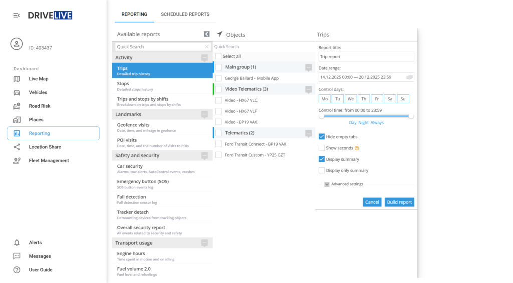 DriveLive reporting dashboard